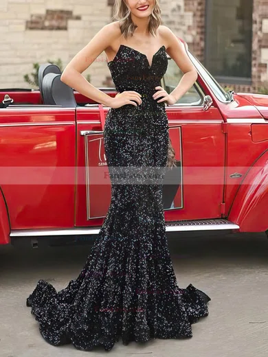 Trumpet/Mermaid V-neck Sequined Sweep Train Prom Dresses #Favs020114115
