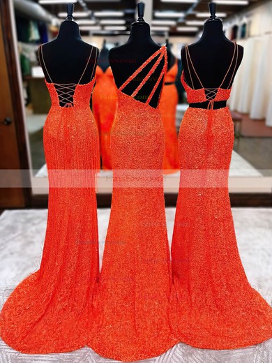 Trumpet/Mermaid One Shoulder Sequined Sweep Train Prom Dresses With Split Front #Favs020114119