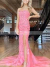 Sheath/Column Strapless Tulle Sweep Train Prom Dresses With Appliques Lace #Favs020114135