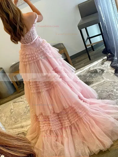 A-line Off-the-shoulder Tulle Glitter Sweep Train Prom Dresses With Appliques Lace #Favs020114137