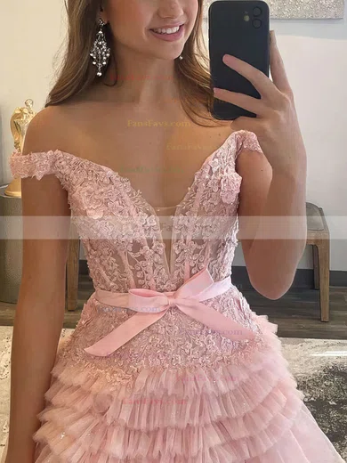 A-line Off-the-shoulder Tulle Glitter Sweep Train Prom Dresses With Appliques Lace #Favs020114137