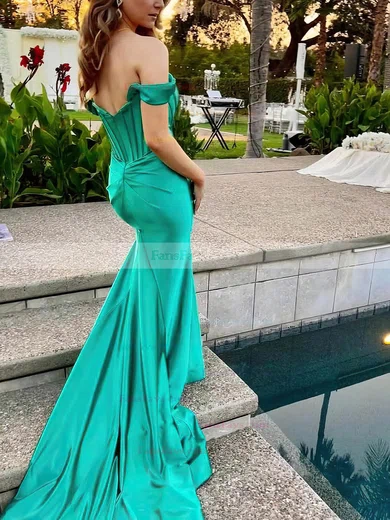 Trumpet/Mermaid Off-the-shoulder Silk-like Satin Sweep Train Prom Dresses With Split Front #Favs020114142