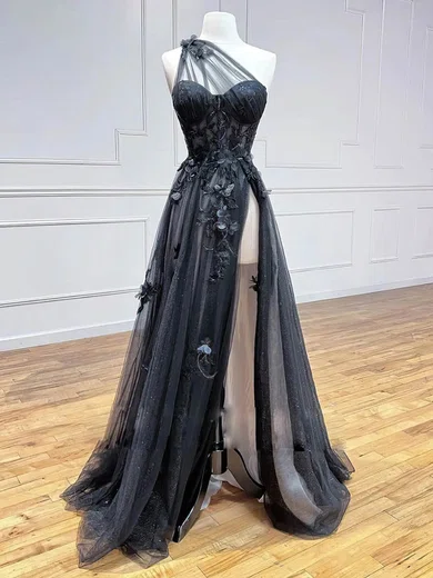 A-line One Shoulder Tulle Glitter Sweep Train Prom Dresses With Flower(s) #Favs020114145