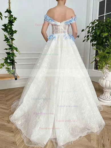 Ball Gown Off-the-shoulder Lace Tulle Sweep Train Prom Dresses With Pockets #Favs020114154