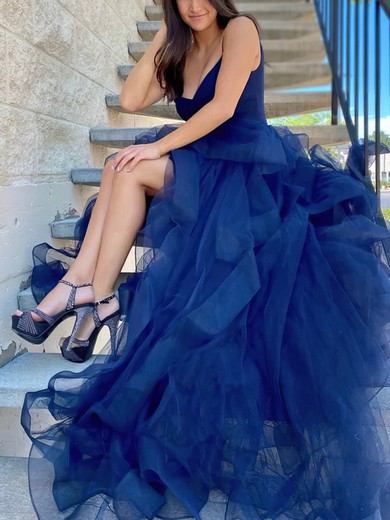 A-line V-neck Tulle Asymmetrical Prom Dresses With Cascading Ruffles #Favs020114175