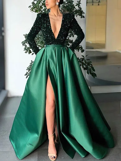 Ball Gown V-neck Satin Sequined Sweep Train Prom Dresses With Split Front #Favs020114179