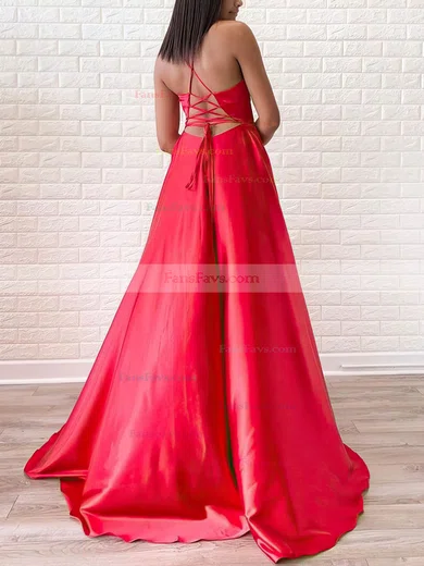 A-line V-neck Silk-like Satin Sweep Train Prom Dresses With Split Front #Favs020114193