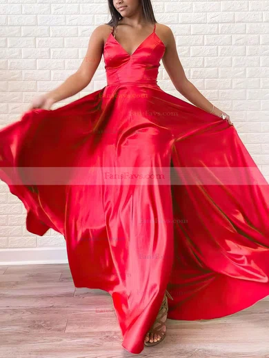 A-line V-neck Silk-like Satin Sweep Train Prom Dresses With Split Front #Favs020114193