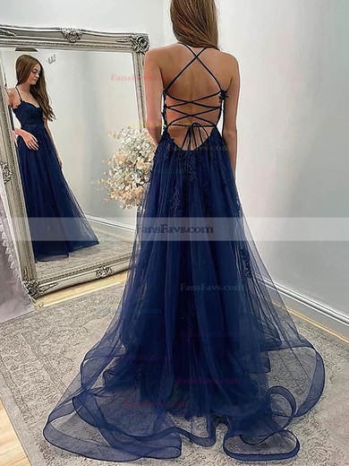 A-line V-neck Tulle Sweep Train Prom Dresses With Appliques Lace #Favs020114211