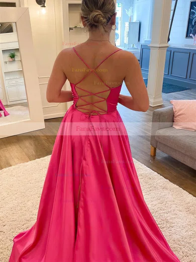 A-line Cowl Neck Silk-like Satin Sweep Train Prom Dresses With Split Front #Favs020114227