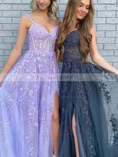 A-line V-neck Tulle Sweep Train Prom Dresses With Appliques Lace #Favs020114230