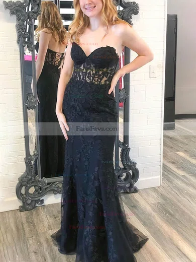 Sheath/Column Sweetheart Tulle Sweep Train Prom Dresses With Appliques Lace #Favs020114237