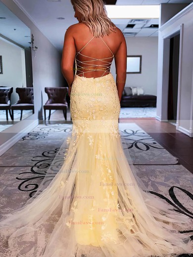 Trumpet/Mermaid Scoop Neck Tulle Sweep Train Prom Dresses With Beading #Favs020114240