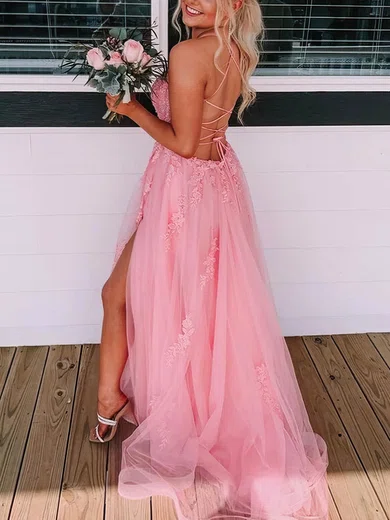 A-line Scoop Neck Tulle Sweep Train Prom Dresses With Split Front #Favs020114241