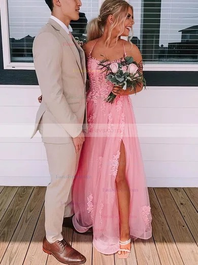 A-line Scoop Neck Tulle Sweep Train Prom Dresses With Split Front #Favs020114241