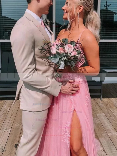 A-line Scoop Neck Tulle Sweep Train Prom Dresses With Split Front #Favs020114241