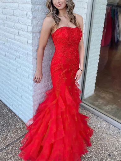 Trumpet/Mermaid Strapless Tulle Sweep Train Prom Dresses With Appliques Lace #Favs020114246