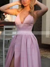 A-line V-neck Satin Floor-length Prom Dresses With Split Front #Favs020114250