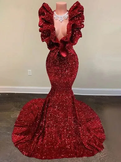 Trumpet/Mermaid V-neck Sequined Sweep Train Prom Dresses With Cascading Ruffles #Favs020114286