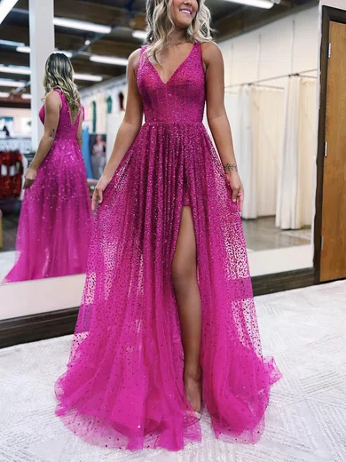 A-line V-neck Tulle Sweep Train Prom Dresses With Beading #Favs020114297