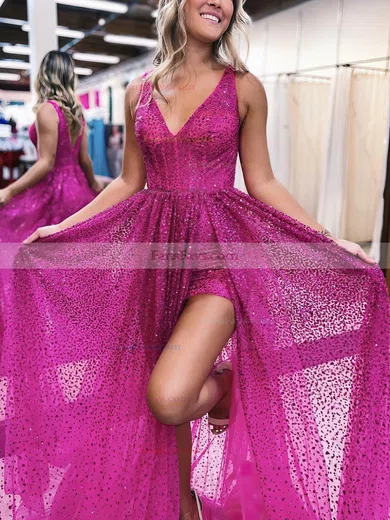 A-line V-neck Tulle Sweep Train Prom Dresses With Beading #Favs020114297