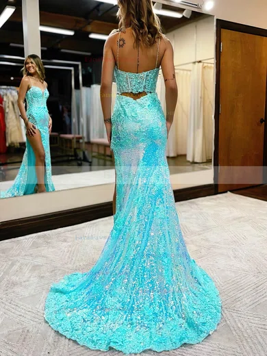Sheath/Column V-neck Glitter Sweep Train Prom Dresses With Appliques Lace #Favs020114299