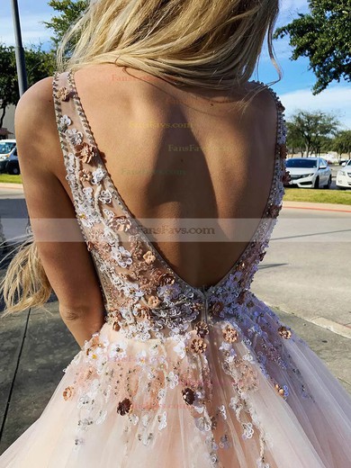 Ball Gown V-neck Tulle Sweep Train Prom Dresses With Flower(s) #Favs020114301
