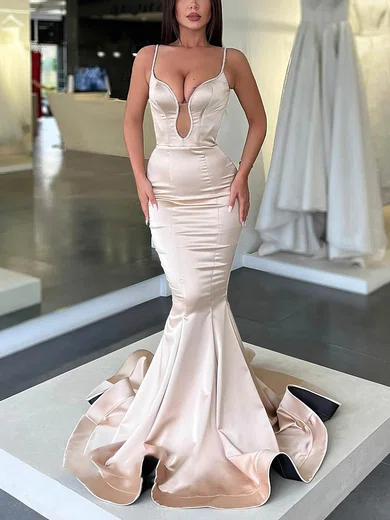 Trumpet/Mermaid V-neck Satin Sweep Train Prom Dresses #Favs020114305