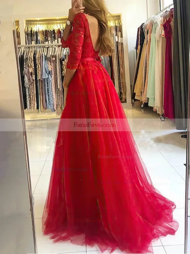 A-line Scoop Neck Tulle Sweep Train Prom Dresses With Split Front #Favs020114307