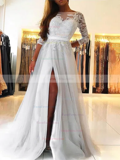 A-line Scoop Neck Tulle Sweep Train Prom Dresses With Split Front #Favs020114307