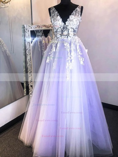 Ball Gown V-neck Tulle Sweep Train Prom Dresses With Appliques Lace #Favs020114310