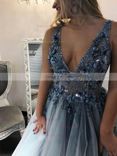 Ball Gown V-neck Tulle Sweep Train Prom Dresses With Appliques Lace #Favs020114311