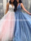 Ball Gown V-neck Tulle Sweep Train Prom Dresses With Appliques Lace #Favs020114311
