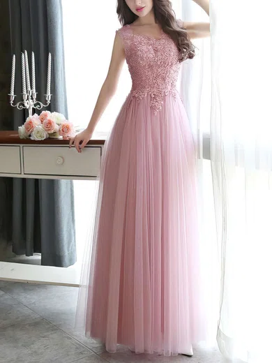 A-line Scoop Neck Tulle Floor-length Appliques Lace Prom Dresses #Favs020102317