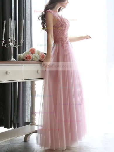 A-line Scoop Neck Tulle Floor-length Appliques Lace Prom Dresses #Favs020102317