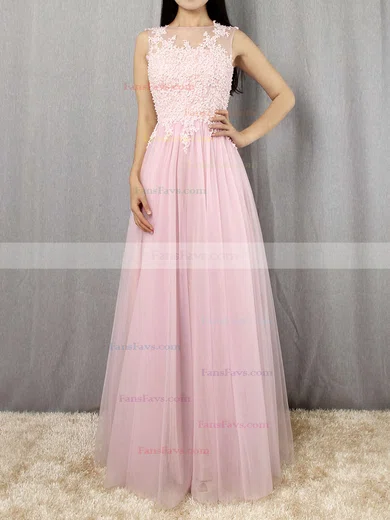 A-line Scoop Neck Tulle Floor-length Appliques Lace Prom Dresses #Favs020102317
