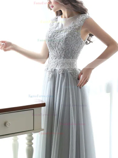 A-line Scoop Neck Tulle Floor-length Appliques Lace Prom Dresses #Favs020102317