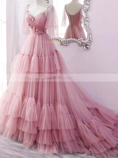Ball Gown V-neck Tulle Sweep Train Prom Dresses With Tiered #Favs020114327