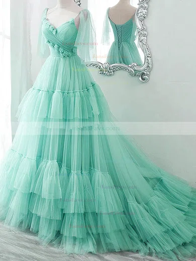 Ball Gown V-neck Tulle Sweep Train Prom Dresses With Tiered #Favs020114327