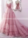 Ball Gown V-neck Tulle Sweep Train Prom Dresses With Tiered #Favs020114327