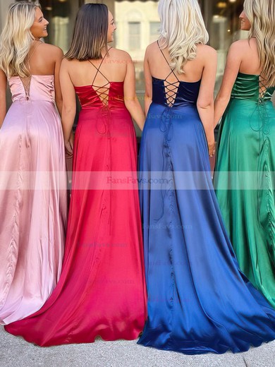 A-line Square Neckline Silk-like Satin Sweep Train Prom Dresses With Split Front #Favs020114332