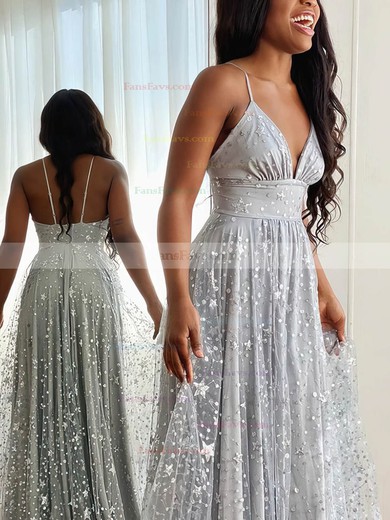 A-line V-neck Glitter Floor-length Prom Dresses With Split Front #Favs020114333