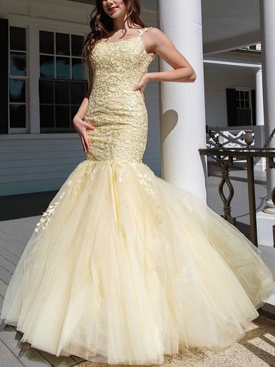 Trumpet/Mermaid Scoop Neck Tulle Sweep Train Prom Dresses With Appliques Lace #Favs020114386