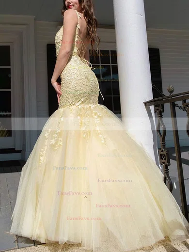 Trumpet/Mermaid Scoop Neck Tulle Sweep Train Prom Dresses With Appliques Lace #Favs020114386