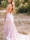 Trumpet/Mermaid Scoop Neck Tulle Sweep Train Prom Dresses With Appliques Lace #Favs020114391