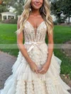 Ball Gown V-neck Tulle Glitter Sweep Train Prom Dresses With Tiered #Favs020114393
