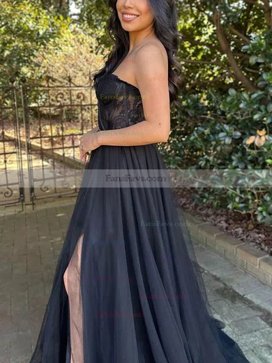 A-line Strapless Lace Tulle Floor-length Prom Dresses With Split Front #Favs020114394