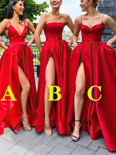 A-line V-neck Satin Sweep Train Prom Dresses With Split Front #Favs020114412