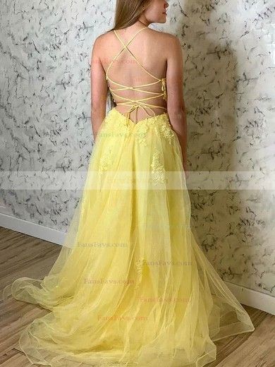 A-line Scoop Neck Tulle Sweep Train Prom Dresses With Appliques Lace #Favs020114413