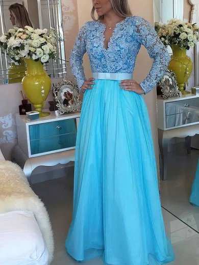 A-line V-neck Lace Chiffon Floor-length Sashes / Ribbons Prom Dresses #Favs020102323